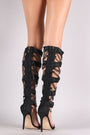 Strappy Frayed Denim Chain Accent Gladiator Heel