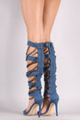 Strappy Frayed Denim Chain Accent Gladiator Heel