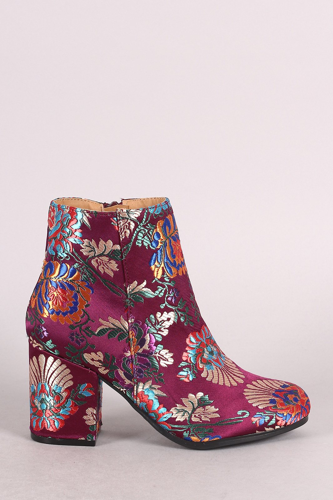 Qupid Floral Brocade Satin Round Toe Blocky Heeled Booties