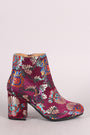 Qupid Floral Brocade Satin Round Toe Blocky Heeled Booties