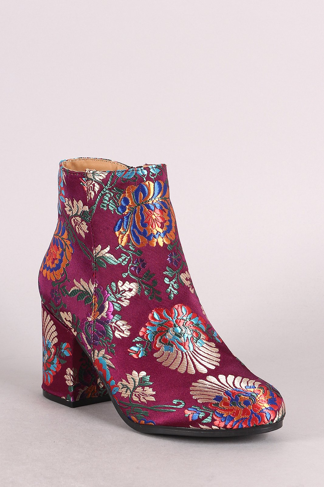 Qupid Floral Brocade Satin Round Toe Blocky Heeled Booties