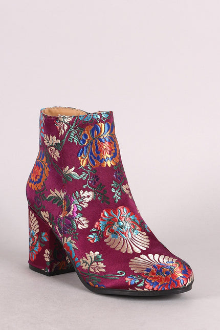 Qupid Floral Brocade Satin Round Toe Blocky Heeled Booties