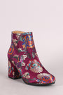 Qupid Floral Brocade Satin Round Toe Blocky Heeled Booties