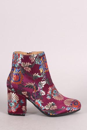 Qupid Floral Brocade Satin Round Toe Blocky Heeled Booties