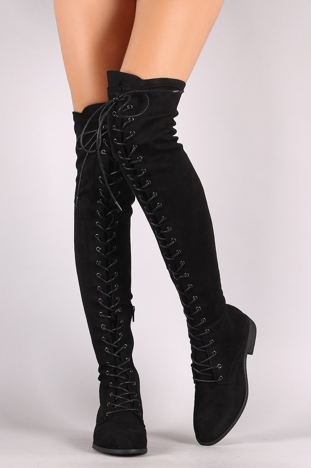 Wild Diva Lounge Suede Lace Up Over-The-Knee Combat Boots