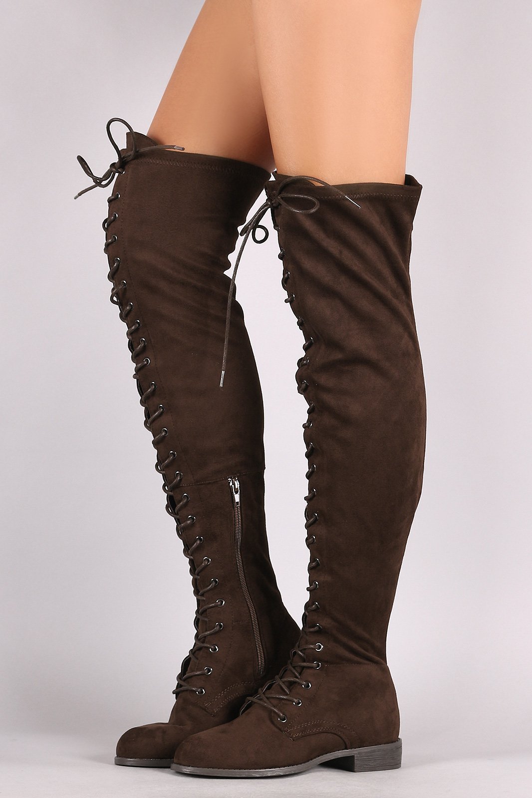 Wild Diva Lounge Suede Lace Up Over-The-Knee Combat Boots