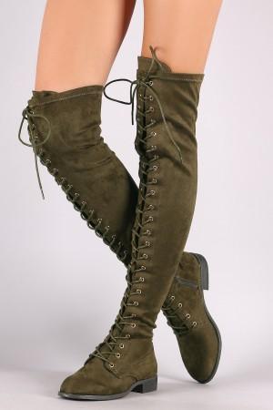 Wild Diva Lounge Suede Lace Up Over-The-Knee Combat Boots