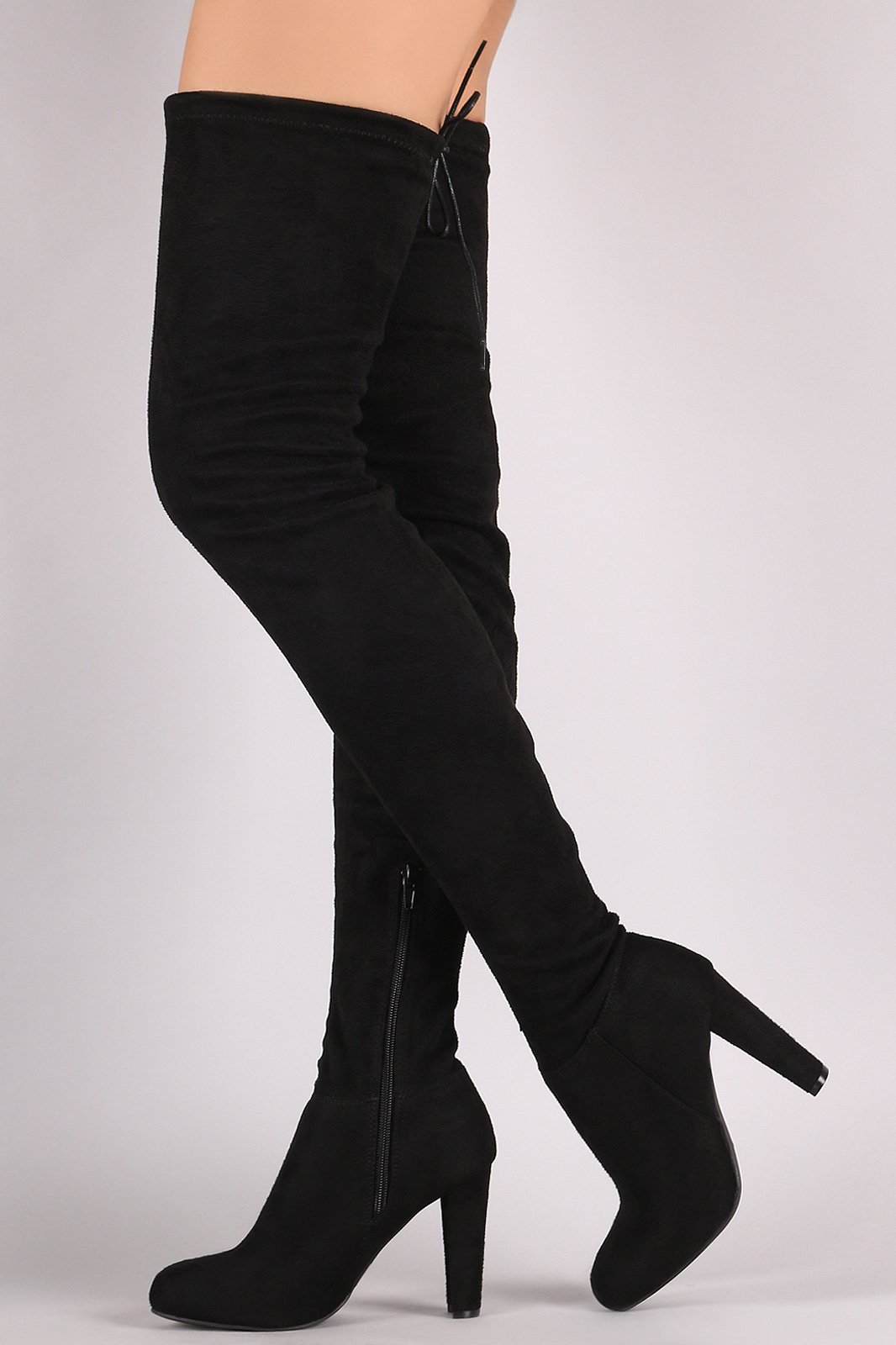 Wild Diva Lounge Suede Drawstring Chunky Heeled Thigh High Boots