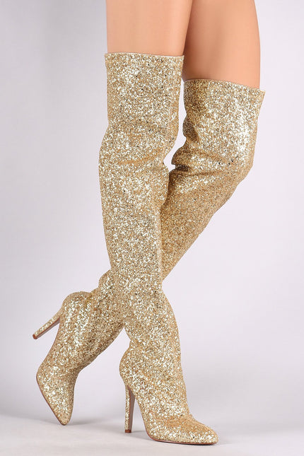 Wild Diva Lounge Glitter Pointy Toe Stiletto Over-The-Knee Boots
