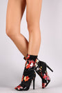 Floral Round Toe Buckle Strap Stiletto Mid-Calf Boots
