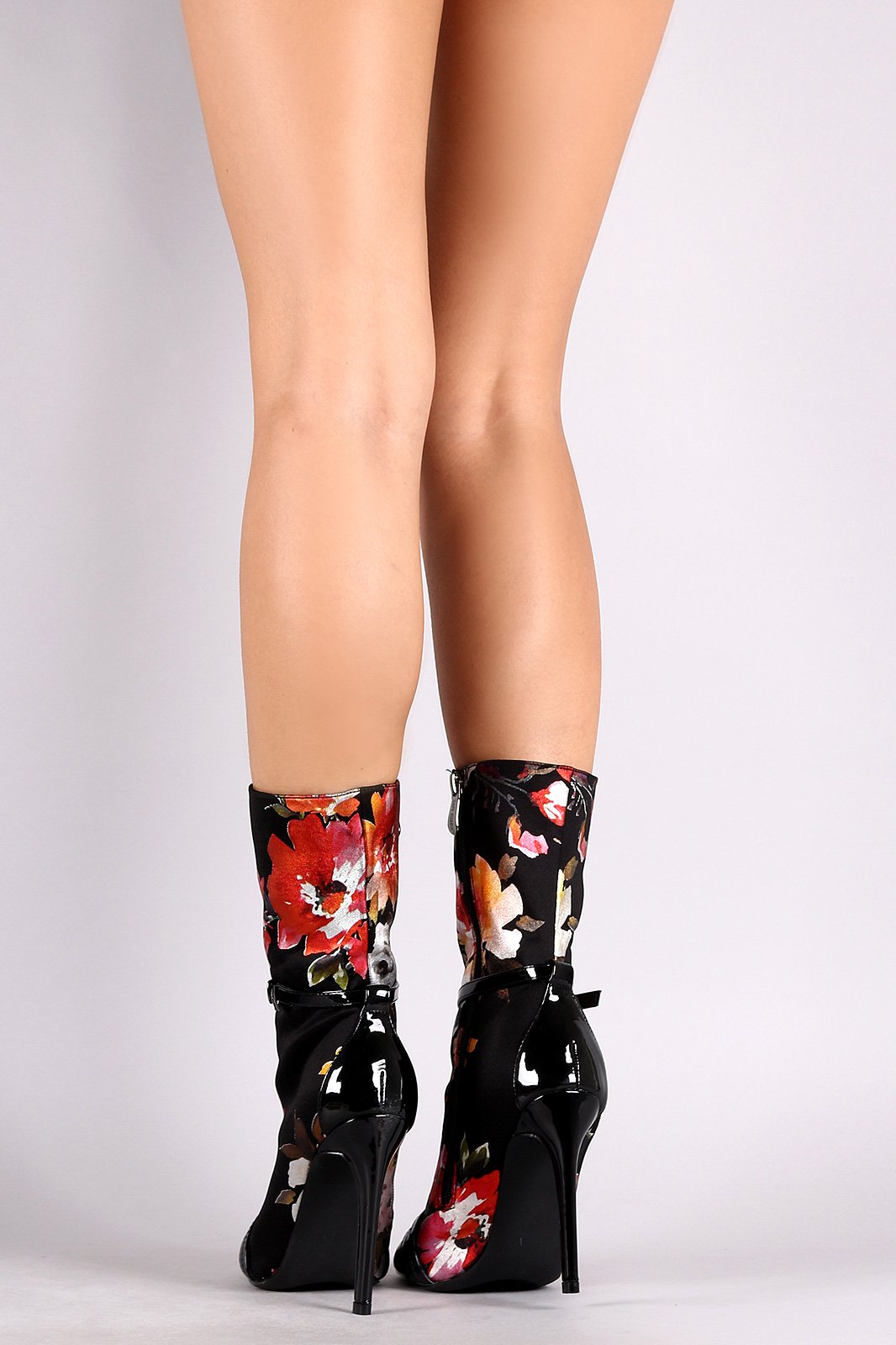 Floral Round Toe Buckle Strap Stiletto Mid-Calf Boots