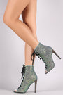 Encrusted Iridescent Glitter Lace Up Peep Toe Stiletto Booties