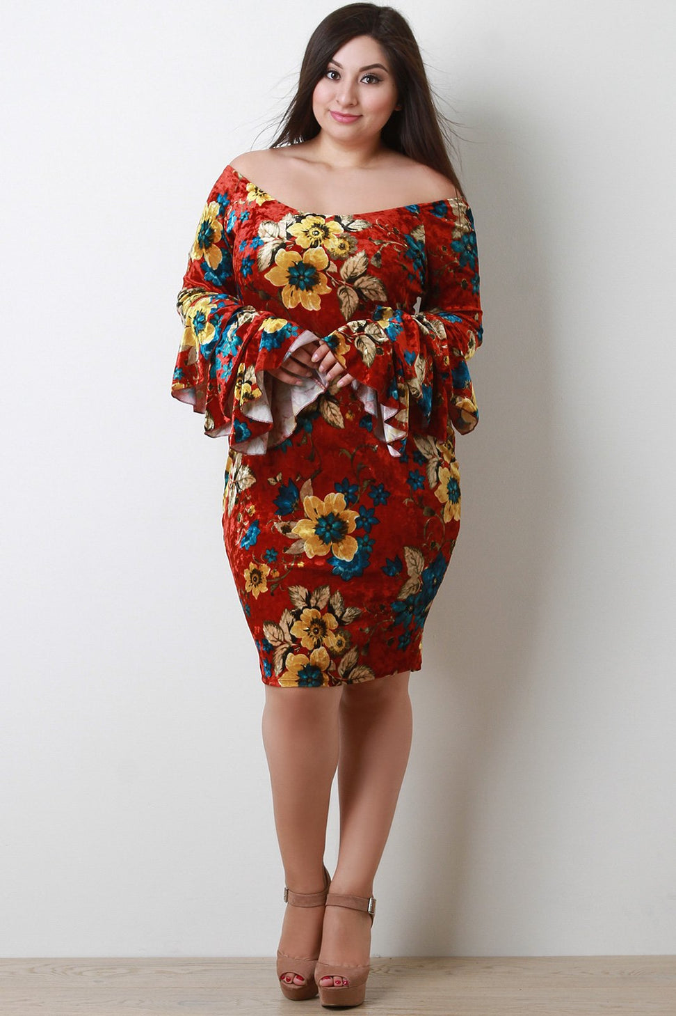 Floral Velvet Tiered Ruffled Long Sleeve Midi Dress