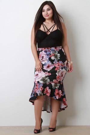 Floral High Waisted Peplum High Low Skirt