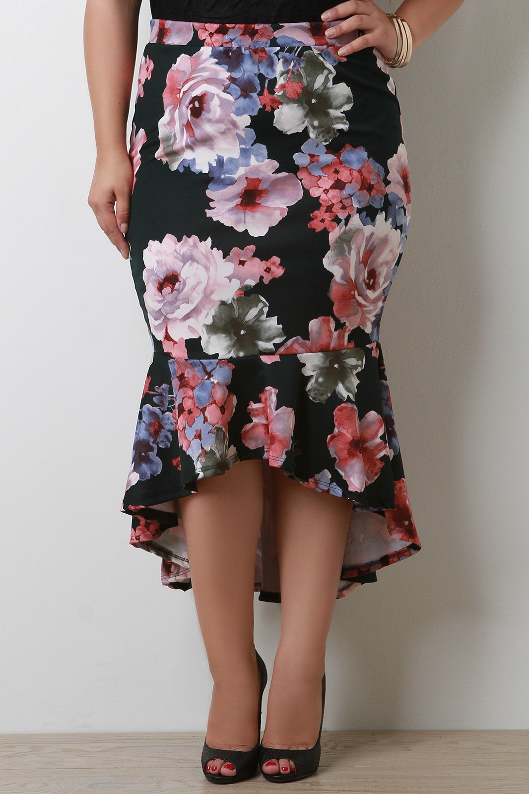 Floral High Waisted Peplum High Low Skirt