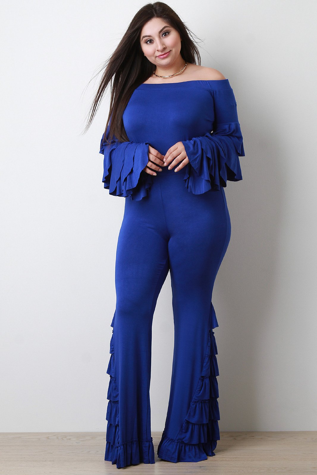 Tiered Ruffled Bardot Top With High Waisted Pants Set