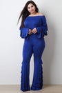 Tiered Ruffled Bardot Top With High Waisted Pants Set