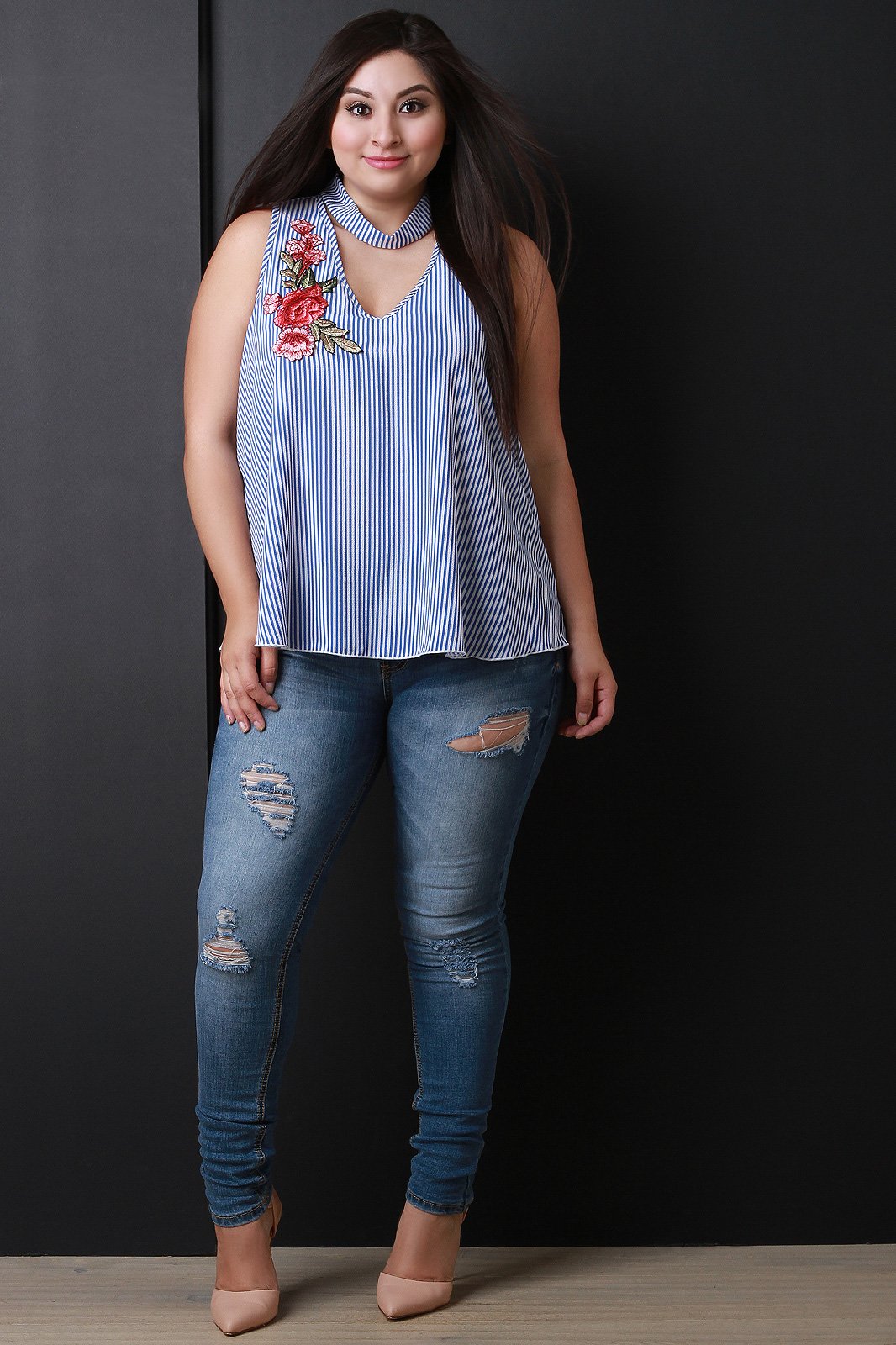 Floral Patch Striped Mock Neck Sleeveless Top