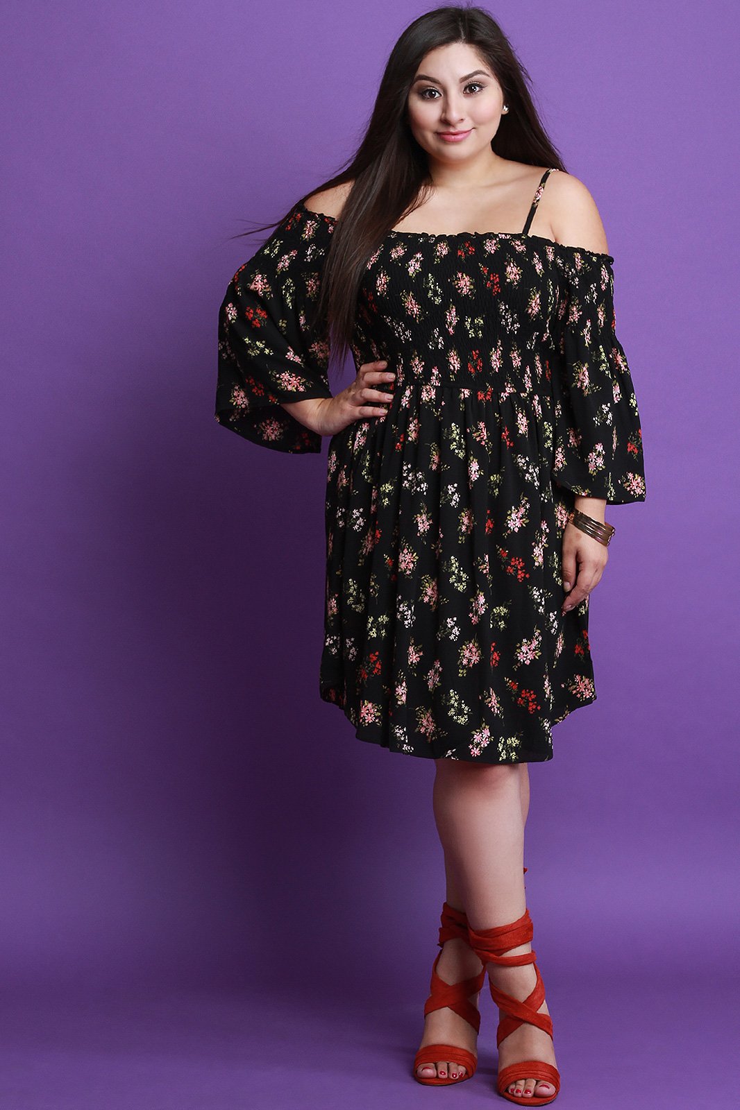 Floral Print Smocked Bell Sleeves Dress