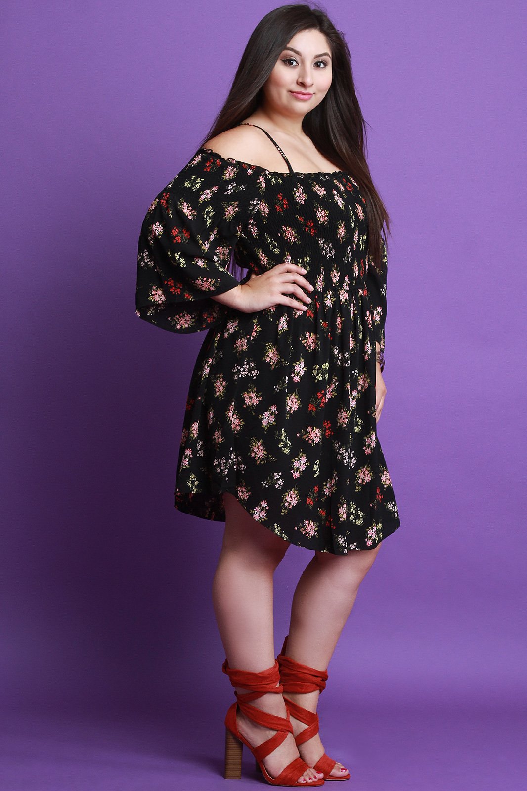 Floral Print Smocked Bell Sleeves Dress