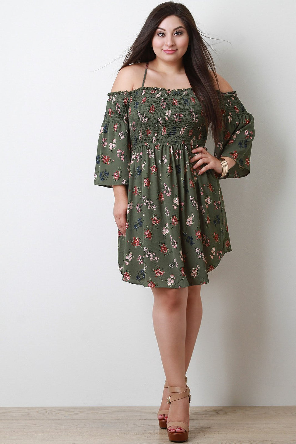 Floral Print Smocked Bell Sleeves Dress
