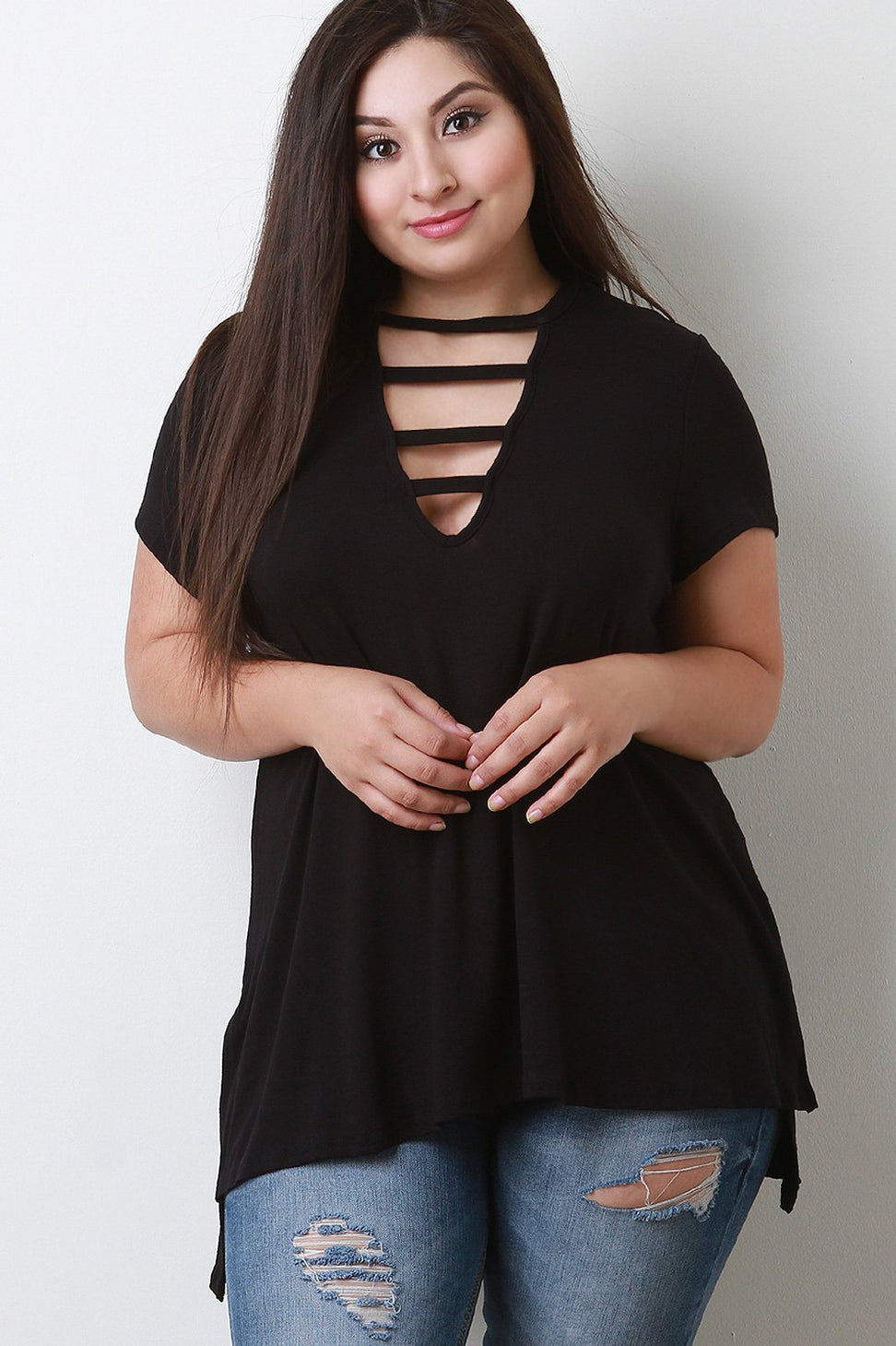 Strappy Keyhole Short Sleeves High Low Top