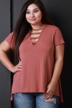 Strappy Keyhole Short Sleeves High Low Top