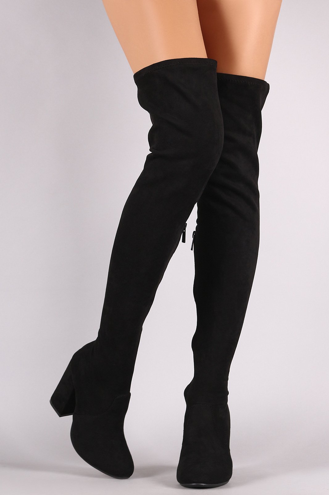 Bamboo Suede Round Toe Chunky Heeled Over-The-Knee Boots