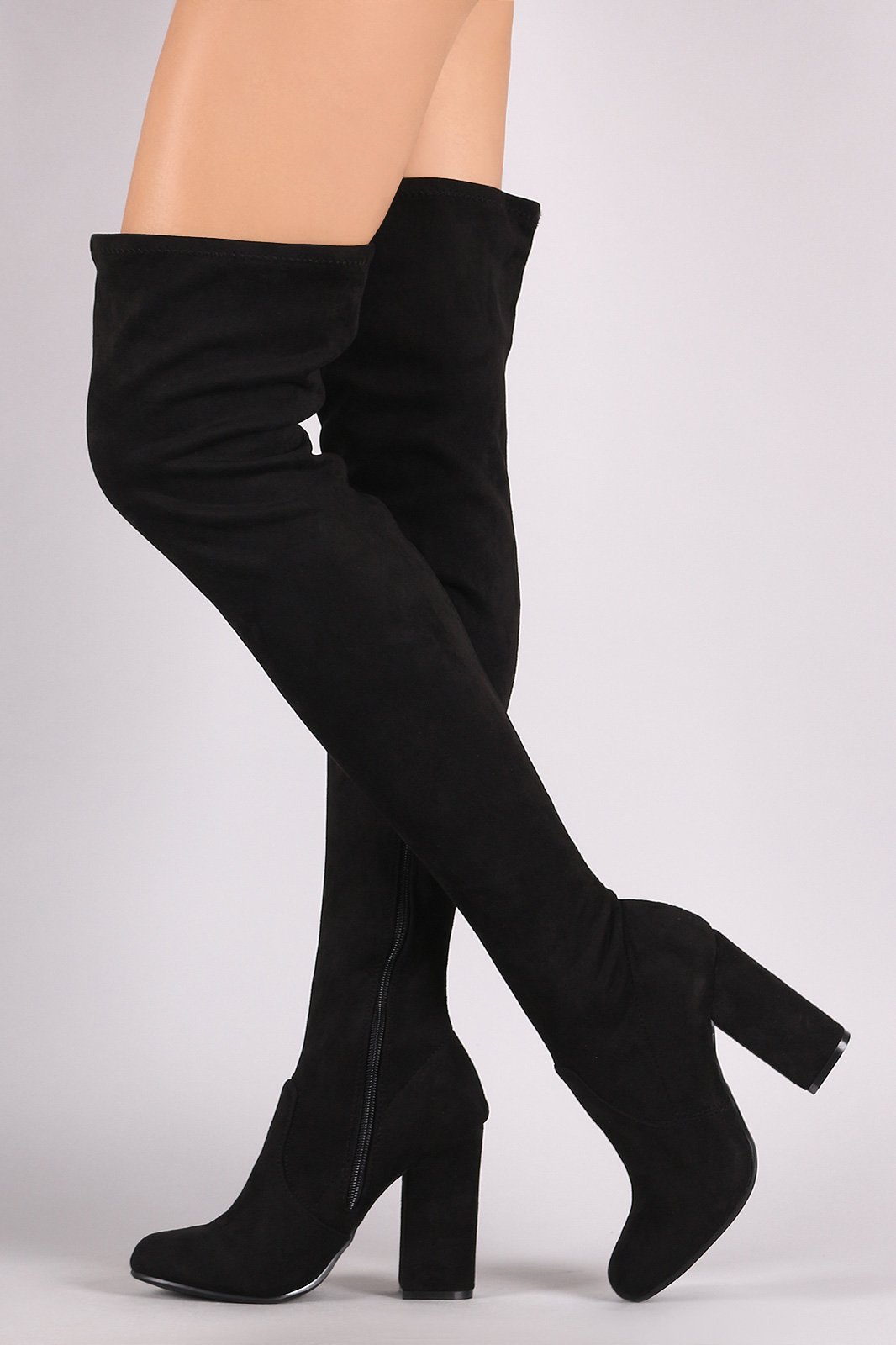 Bamboo Suede Round Toe Chunky Heeled Over-The-Knee Boots