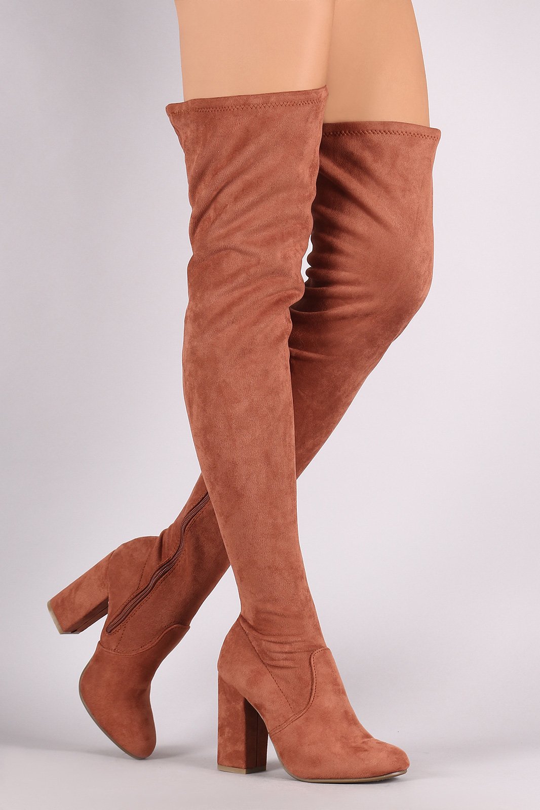 Bamboo Suede Round Toe Chunky Heeled Over-The-Knee Boots