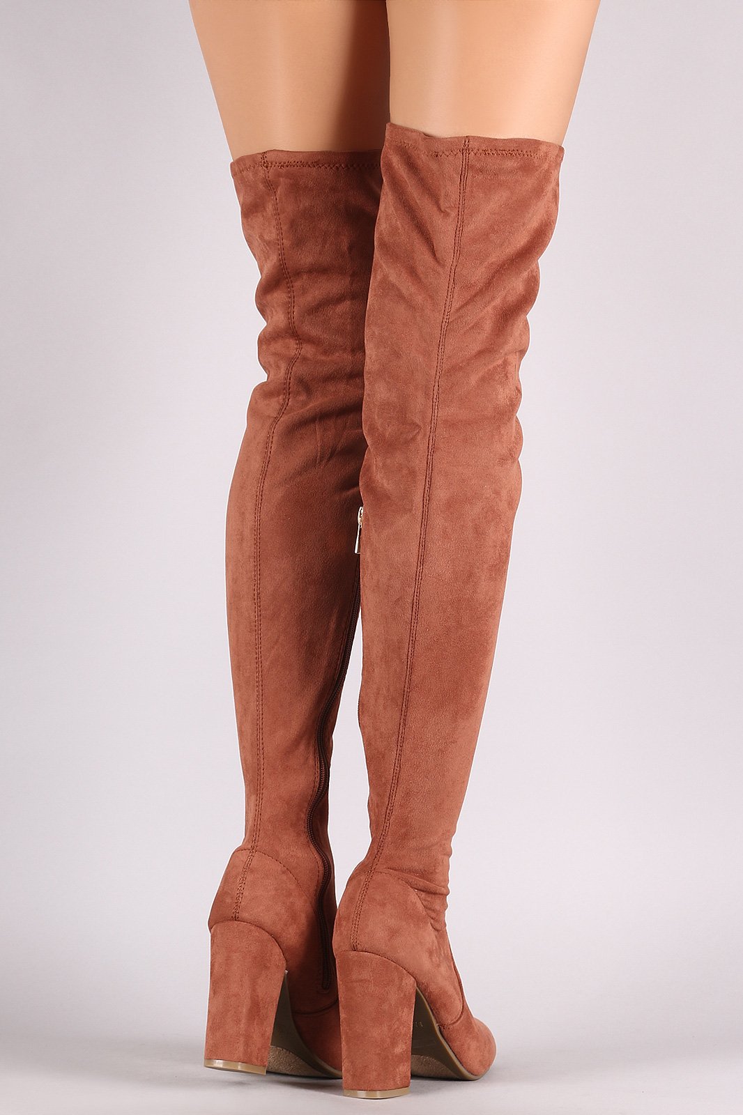 Bamboo Suede Round Toe Chunky Heeled Over-The-Knee Boots