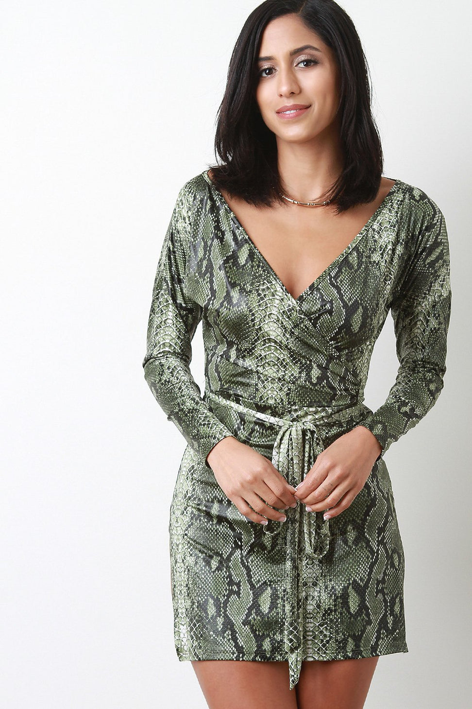 Snakeskin V-Neck Long Sleeves Slit Mini Dress