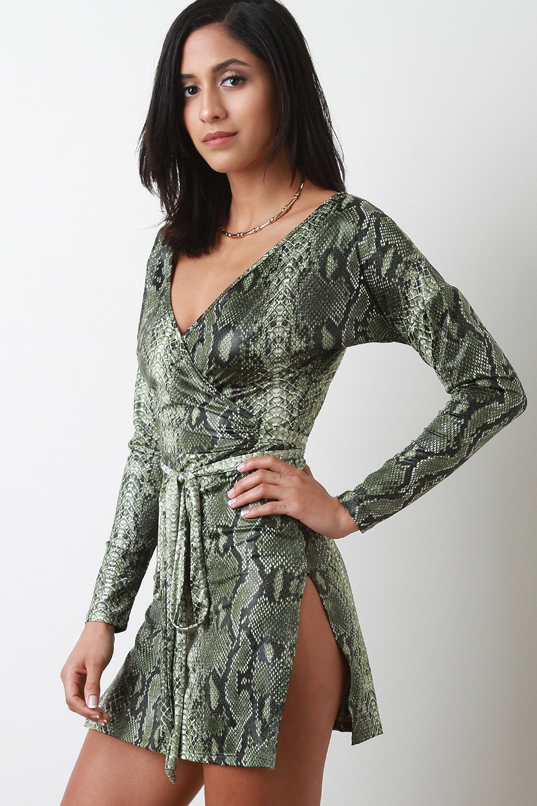 Snakeskin V-Neck Long Sleeves Slit Mini Dress