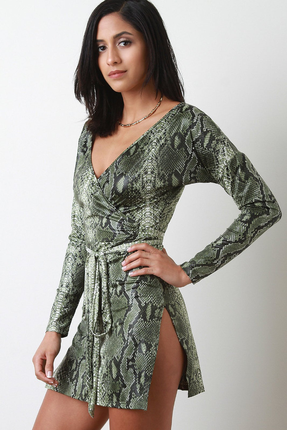 Snakeskin V-Neck Long Sleeves Slit Mini Dress