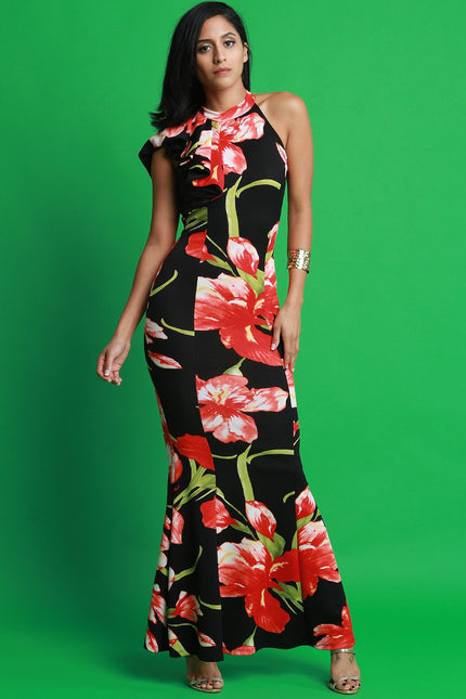Floral Print Mock Neck Mermaid Maxi Dress