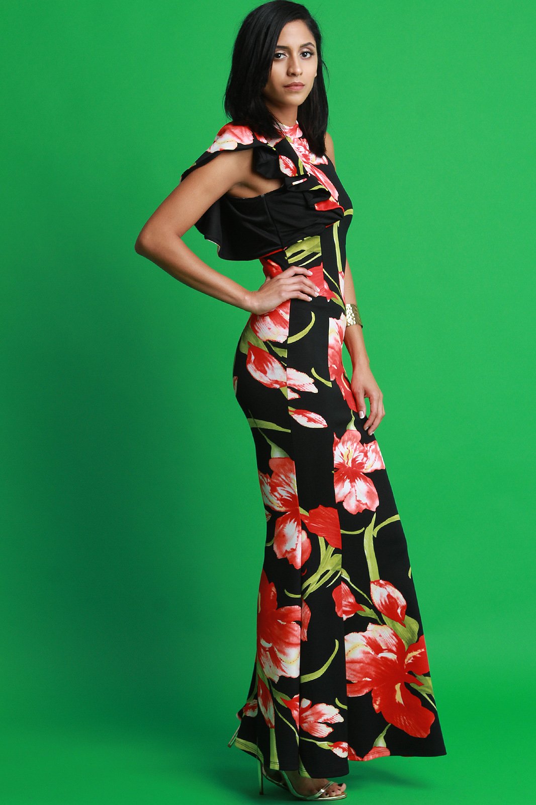 Floral Print Mock Neck Mermaid Maxi Dress