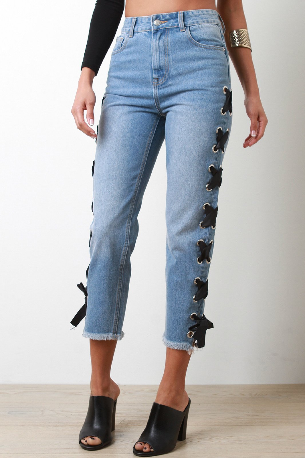 Side Eyelet Ribbon Lace-Up Boyfriend Denim Jeans