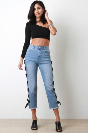 Side Eyelet Ribbon Lace-Up Boyfriend Denim Jeans
