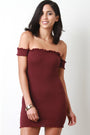 Ribbed Knit Ruffle Trim Bardot Mini Bodycon Dress