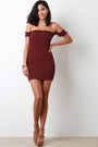 Ribbed Knit Ruffle Trim Bardot Mini Bodycon Dress