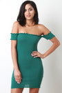 Ribbed Knit Ruffle Trim Bardot Mini Bodycon Dress