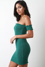 Ribbed Knit Ruffle Trim Bardot Mini Bodycon Dress