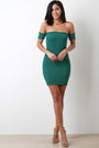 Ribbed Knit Ruffle Trim Bardot Mini Bodycon Dress
