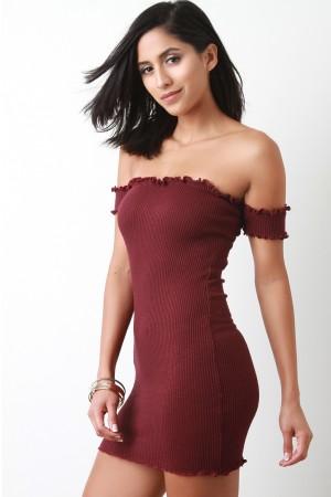 Ribbed Knit Ruffle Trim Bardot Mini Bodycon Dress