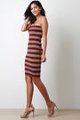 Striped Ribbed Knit Raw Cut Tube Midi Dress