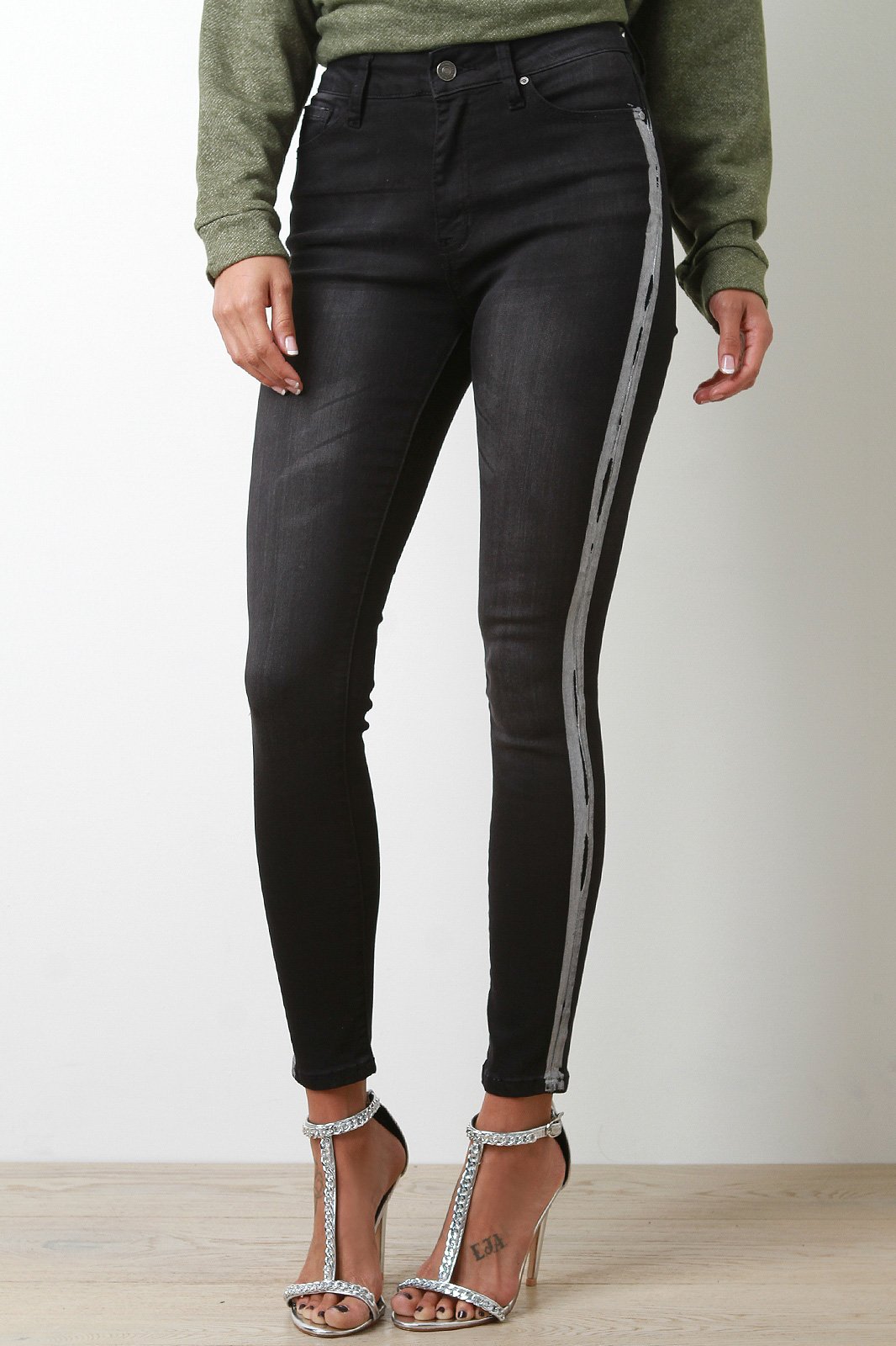 Metallic Tuxedo Striped Skinny Denim Jeans