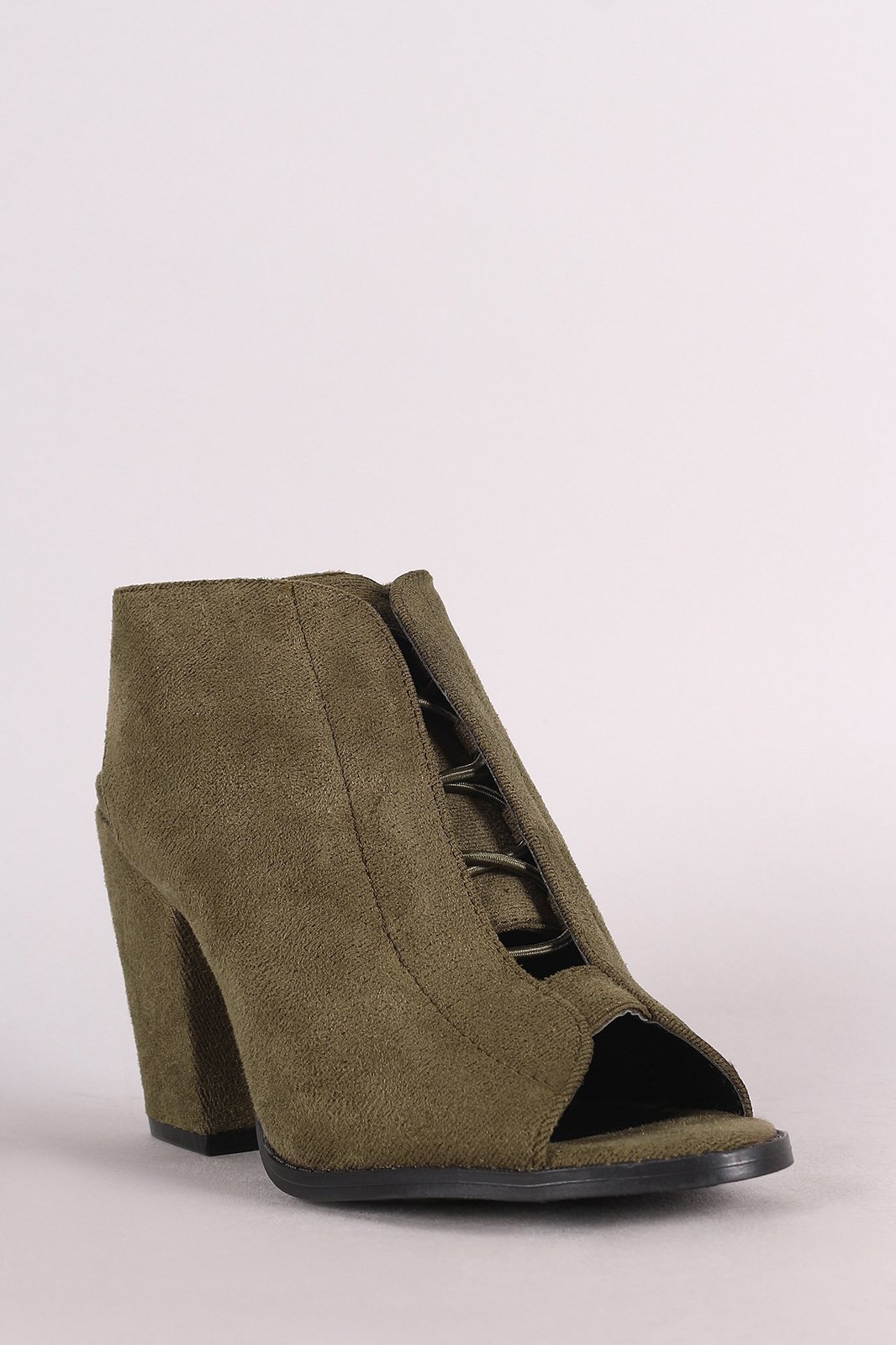 Qupid Suede Slingback Corset Peep Toe Chunky Heeled Booties