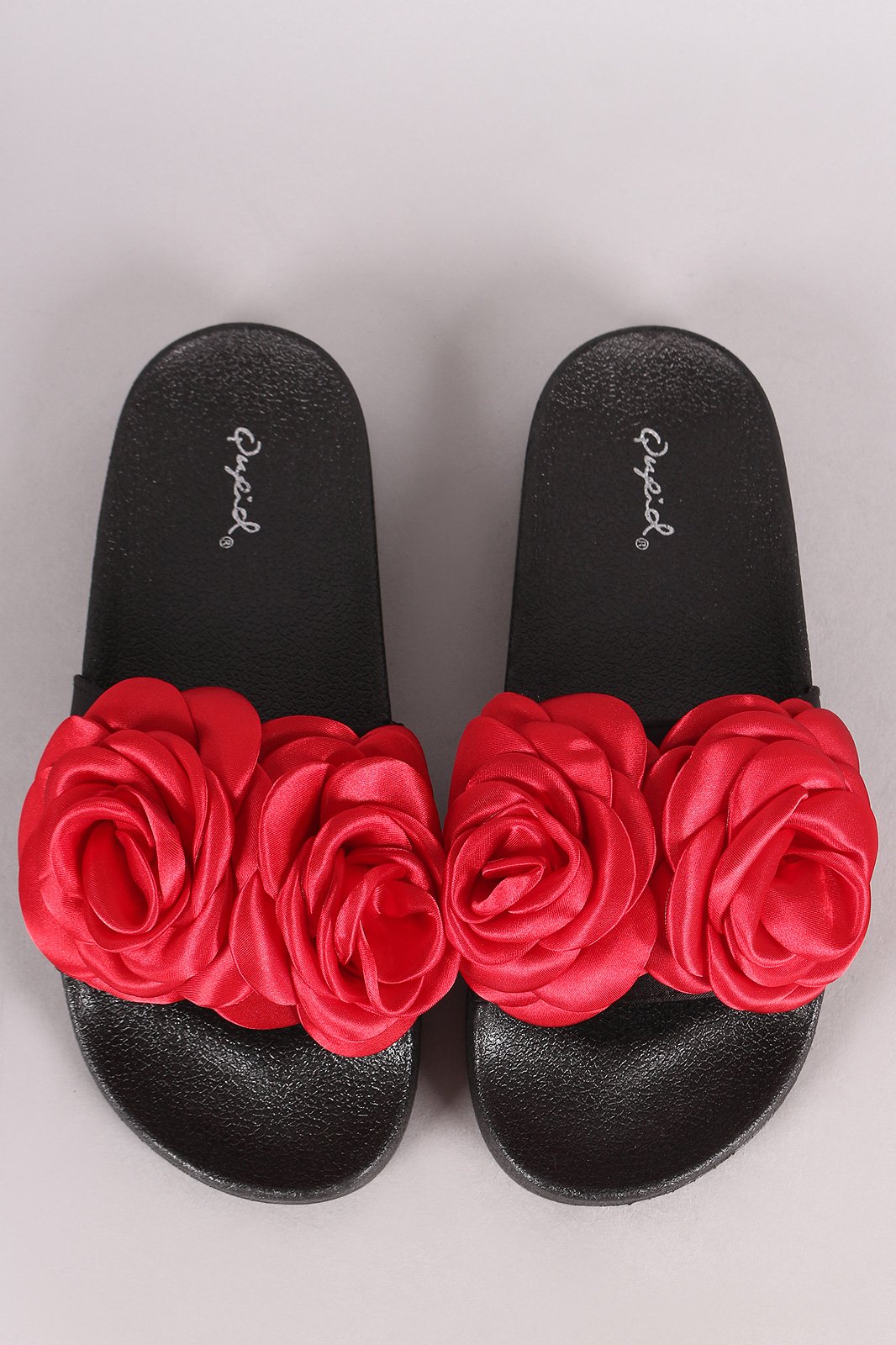 Qupid Satin Rosette Applique Slide Sandal