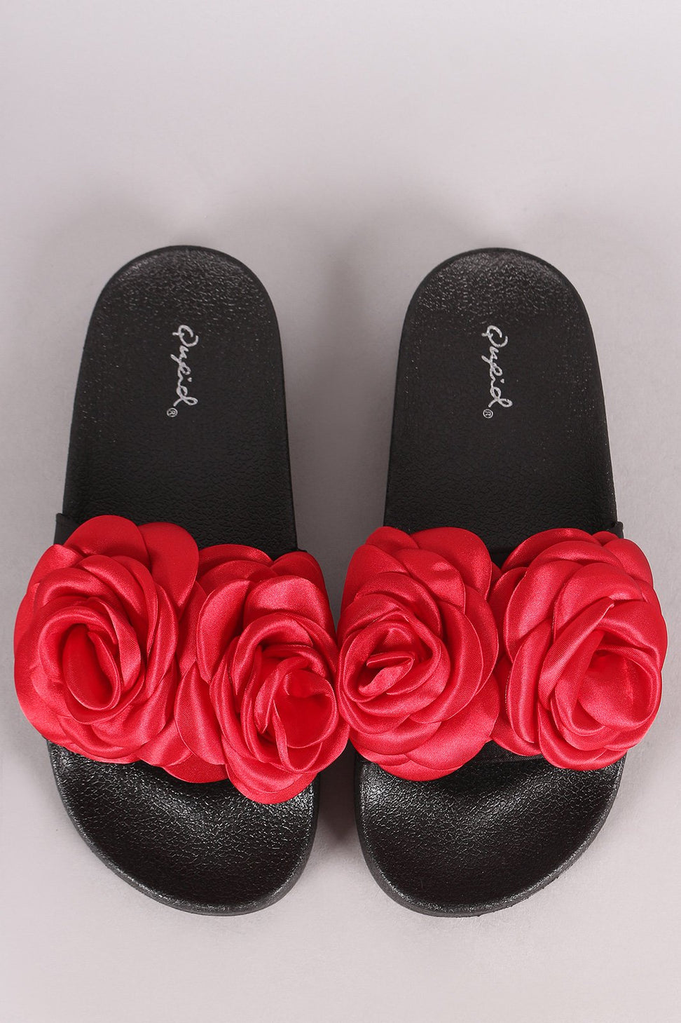 Qupid Satin Rosette Applique Slide Sandal