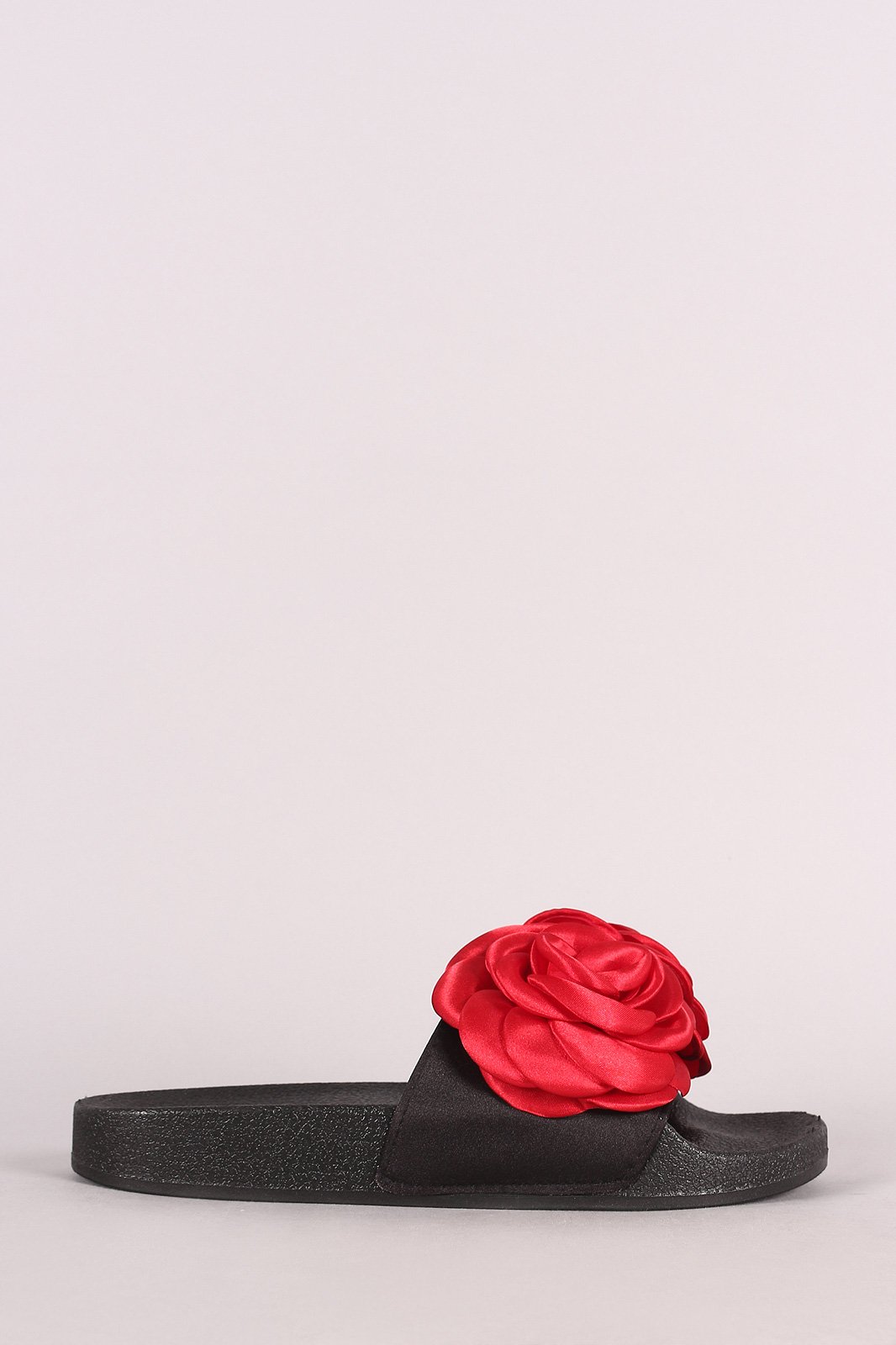 Qupid Satin Rosette Applique Slide Sandal